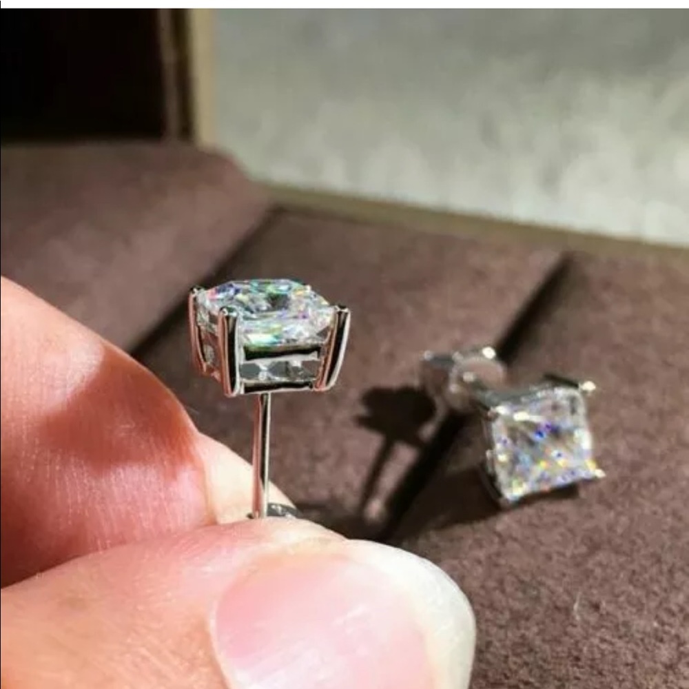 New Princess White Sapphire Square Stud Earrings - Picture 3 of 5